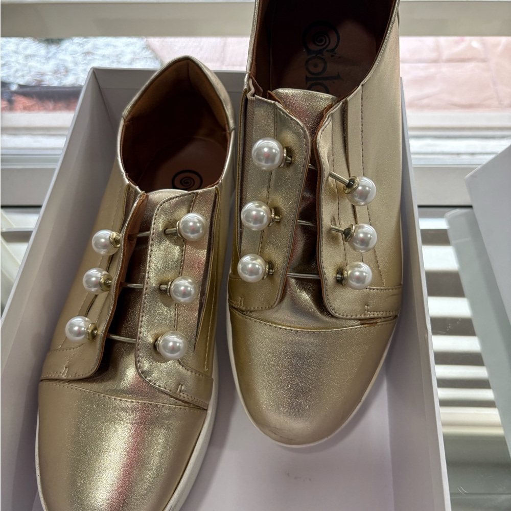 Gentle Souls Gold Platform Shoes with Pearl Accents